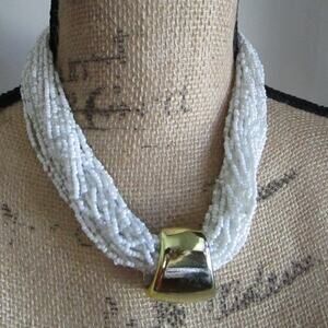 Vintage White Seed Bead Torsade Necklace Gold Tone Statement Pendant 80s 90s